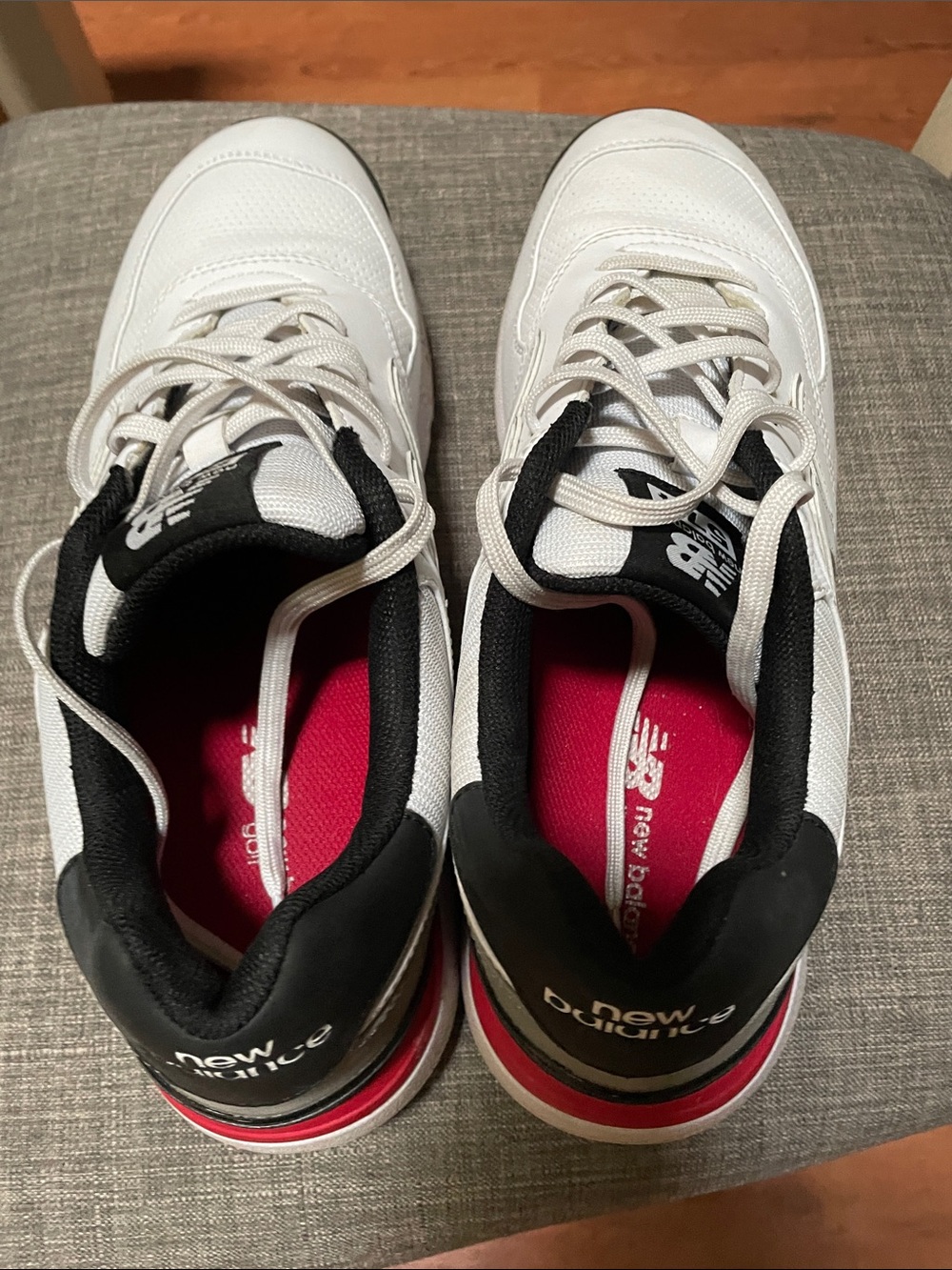 New Balance Men’s White Athletic Sneakers with Black Collar and Red Insoles